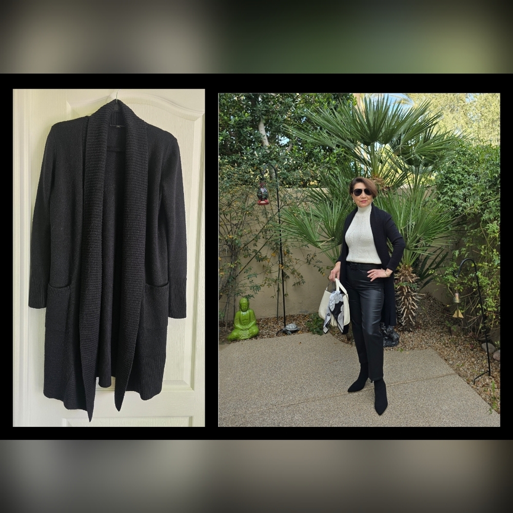 Cyrus Black Long Open Front Cardigan, XS